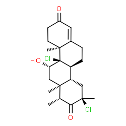 ChemSpider 2D Image | (1R,3R,4aS,4bS,10aS,10bR,11S,12aS)-3,10b-Dichloro-11-hydroxy-1,3,10a,12a-tetramethyl-1,3,4,4a,4b,5,6,9,10,10a,10b,11,12,12a-tetradecahydro-2,8-chrysenedione | C22H30Cl2O3