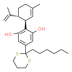 ChemSpider 2D Image | 5-(2-Hexyl-1,3-dithian-2-yl)-2-[(1R,6R)-6-isopropenyl-3-methyl-2-cyclohexen-1-yl]-1,3-benzenediol | C26H38O2S2