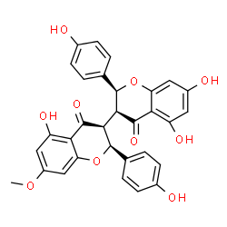 ChemSpider 2D Image | (2S,2'S,3S,3'S)-5,5',7-Trihydroxy-2,2'-bis(4-hydroxyphenyl)-7'-methoxy-2,2',3,3'-tetrahydro-4H,4'H-3,3'-bichromene-4,4'-dione | C31H24O10