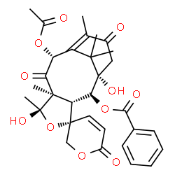 ChemSpider 2D Image | (1S,2S,3R,4S,6R,7R,9R)-9-Acetoxy-1,6-dihydroxy-6,7,11,14,14-pentamethyl-6',8,12-trioxo-6'H-spiro[5-oxatricyclo[8.3.1.0~3,7~]tetradec-10-ene-4,3'-pyran]-2-yl benzoate | C31H34O11