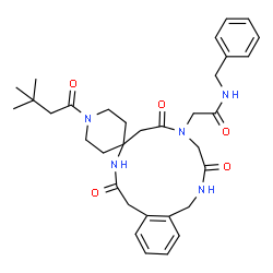 ChemSpider 2D Image | N-Benzyl-2-[1'-(3,3-dimethylbutanoyl)-3,6,10-trioxo-1,3,4,6,7,9,10,11-octahydrospiro[2,5,9-benzotriazacyclotridecine-8,4'-piperidin]-5(2H)-yl]acetamide | C33H43N5O5
