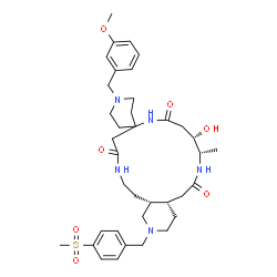 ChemSpider 2D Image | (4a'S,8'S,9'S,18a'R)-9'-Hydroxy-1-(3-methoxybenzyl)-8'-methyl-2'-[4-(methylsulfonyl)benzyl]dodecahydro-1'H-spiro[piperidine-4,13'-pyrido[4,3-m][1,5,10]triazacyclohexadecine]-6',11',15'(2'H,12'H,14'H)-
trione | C37H53N5O7S
