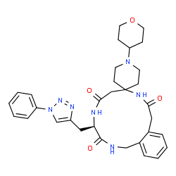 ChemSpider 2D Image | (4R)-4-[(1-Phenyl-1H-1,2,3-triazol-4-yl)methyl]-1'-(tetrahydro-2H-pyran-4-yl)-1,4,5,11-tetrahydrospiro[2,5,9-benzotriazacyclotridecine-8,4'-piperidine]-3,6,10(2H,7H,9H)-trione | C32H39N7O4