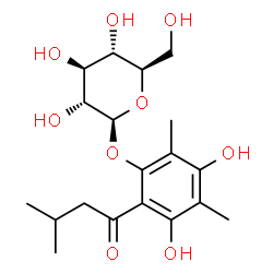ChemSpider 2D Image | 3,5-Dihydroxy-2,4-dimethyl-6-(3-methylbutanoyl)phenyl beta-D-glucopyranoside | C19H28O9