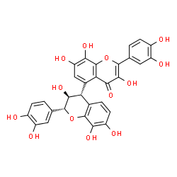 ChemSpider 2D Image | (2R,3S,4R)-2,2'-Bis(3,4-dihydroxyphenyl)-3,3',7,7',8,8'-hexahydroxy-3,4-dihydro-2H,4'H-4,5'-bichromen-4'-one | C30H22O13