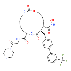 ChemSpider 2D Image | (8S,11R,12S)-N~12~-Hydroxy-2,10-dioxo-N~8~-[2-oxo-2-(1-piperazinyl)ethyl]-11-{[3'-(trifluoromethyl)-4-biphenylyl]methyl}-1-oxa-3,9-diazacyclopentadecane-8,12-dicarboxamide | C34H43F3N6O7