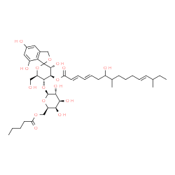 ChemSpider 2D Image | (3'R,4'R,5'R,6'R)-3',5,7-Trihydroxy-6'-(hydroxymethyl)-5'-[(6-O-pentanoyl-beta-D-galactopyranosyl)oxy]-3',4',5',6'-tetrahydro-3H-spiro[2-benzofuran-1,2'-pyran]-4'-yl (2E,4E,12E)-7-hydroxy-8,14-dimethy
l-2,4,12-hexadecatrienoate | C42H62O16