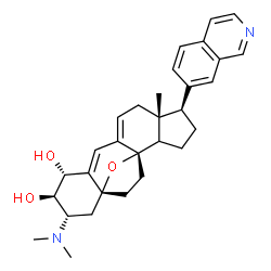 ChemSpider 2D Image | (1R,2R,3S,5R,8beta,14xi,17beta)-3-(Dimethylamino)-17-(7-isoquinolinyl)-5,8-epoxy-9,19-cyclo-9,10-secoandrosta-9(11),10-diene-1,2-diol | C30H36N2O3