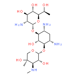 ChemSpider 2D Image | (1R,2R,3S,4R,6S)-4,6-Diamino-3-({(5R)-2-amino-2-deoxy-5-[(1S)-1-hydroxyethyl]-alpha-D-xylopyranosyl}oxy)-2-hydroxycyclohexyl 3-deoxy-4-C-methyl-3-(methylamino)-beta-L-arabinopyranoside | C20H40N4O10
