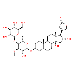 ChemSpider 2D Image | (3beta,5beta,16beta)-3-{[6-Deoxy-4-O-(beta-D-glucopyranosyl)-3-O-methyl-alpha-L-altropyranosyl]oxy}-14,16-dihydroxycard-20(22)-enolide | C36H56O14