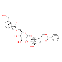 ChemSpider 2D Image | {(1R,3R,6R,8S)-6-Hydroxy-3-[(6-O-{[(1R,2S,5R,6S)-2-(hydroxymethyl)-6-methylbicyclo[3.1.1]hept-6-yl]carbonyl}-beta-D-glucopyranosyl)oxy]-8-methyl-9,10-dioxatetracyclo[4.3.1.0~2,5~.0~3,8~]dec-2-yl}methy
l benzoate | C33H42O13