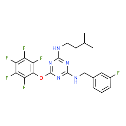 ChemSpider 2D Image | N-(3-Fluorobenzyl)-N'-(3-methylbutyl)-6-(pentafluorophenoxy)-1,3,5-triazine-2,4-diamine | C21H19F6N5O