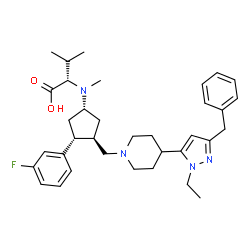 ChemSpider 2D Image | N-[(1S,3R,4R)-3-{[4-(3-Benzyl-1-ethyl-1H-pyrazol-5-yl)-1-piperidinyl]methyl}-4-(3-fluorophenyl)cyclopentyl]-N-methyl-L-valine | C35H47FN4O2