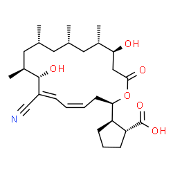 ChemSpider 2D Image | (1R,2R)-2-[(2R,4Z,6E,8S,9S,11R,13S,15S,16S)-7-Cyano-8,16-dihydroxy-9,11,13,15-tetramethyl-18-oxooxacyclooctadeca-4,6-dien-2-yl]cyclopentanecarboxylic acid | C28H43NO6