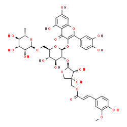 ChemSpider 2D Image | 2-(3,4-Dihydroxyphenyl)-5,7-dihydroxy-4-oxo-4H-chromen-3-yl 6-O-(6-deoxy-alpha-L-mannopyranosyl)-2-O-[(2S,3R,4S)-3,4-dihydroxy-4-({[(2E)-3-(4-hydroxy-3-methoxyphenyl)-2-propenoyl]oxy}methyl)tetrahydro
-2-furanyl]-beta-D-glucopyranoside | C42H46O23