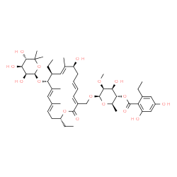 ChemSpider 2D Image | (2R,3S,4S,5S,6R)-6-{[(3E,5E,8S,9E,11S,12R,13E,15E,18R)-11,18-Diethyl-8-hydroxy-9,13,15-trimethyl-2-oxo-12-{[(2R,3S,4S,5S)-3,4,5-trihydroxy-6,6-dimethyltetrahydro-2H-pyran-2-yl]oxy}oxacyclooctadeca-3,5
,9,13,15-pentaen-3-yl]methoxy}-4-hydroxy-5-methoxy-2-methyltetrahydro-2H-pyran-3-yl 2-ethyl-4,6-dihydroxybenzoate (non-preferred name) | C48H70O16