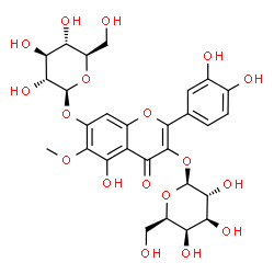ChemSpider 2D Image | 2-(3,4-Dihydroxyphenyl)-7-(beta-D-glucopyranosyloxy)-5-hydroxy-6-methoxy-4-oxo-4H-chromen-3-yl beta-D-galactopyranoside | C28H32O18