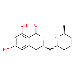 ChemSpider 2D Image | (3S)-6,8-Dihydroxy-3-{[(2R,6S)-6-methyltetrahydro-2H-pyran-2-yl]methyl}-3,4-dihydro-1H-isochromen-1-one | C16H20O5