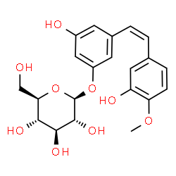ChemSpider 2D Image | 3-Hydroxy-5-[(Z)-2-(3-hydroxy-4-methoxyphenyl)vinyl]phenyl beta-D-glucopyranoside | C21H24O9