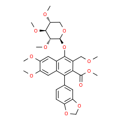 ChemSpider 2D Image | Methyl 1-(1,3-benzodioxol-5-yl)-6,7-dimethoxy-3-(methoxymethyl)-4-[(2,3,4-tri-O-methyl-beta-D-xylopyranosyl)oxy]-2-naphthoate | C31H36O12
