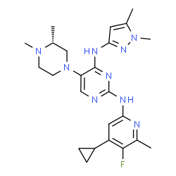 ChemSpider 2D Image | N~2~-(4-Cyclopropyl-5-fluoro-6-methyl-2-pyridinyl)-5-[(3R)-3,4-dimethyl-1-piperazinyl]-N~4~-(1,5-dimethyl-1H-pyrazol-3-yl)-2,4-pyrimidinediamine | C24H32FN9