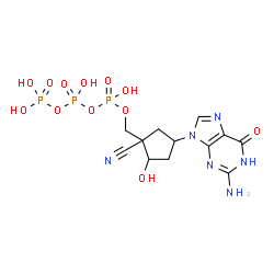 ChemSpider 2D Image | Triphosphoric acid, mono[[4-(2-amino-1,6-dihydro-6-oxo-9H-purin-9-yl)-1-cyano-2-hydroxycyclopentyl]methyl] ester | C12H17N6O12P3