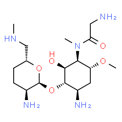 ChemSpider 2D Image | (1S,2S,3R,4R,6R)-6-Amino-3-[glycyl(methyl)amino]-2-hydroxy-4-methoxycyclohexyl 2-amino-2,3,4,6-tetradeoxy-6-(methylamino)-alpha-L-erythro-hexopyranoside | C17H35N5O5