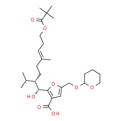 ChemSpider 2D Image | 2-{(1R,2S,5E)-8-[(2,2-Dimethylpropanoyl)oxy]-1-hydroxy-2-isopropyl-5-methyl-5-octen-1-yl}-5-[(tetrahydro-2H-pyran-2-yloxy)methyl]-3-furoic acid | C28H44O8