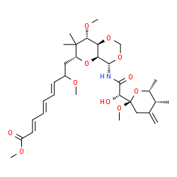 ChemSpider 2D Image | Methyl (2E,4E,6E)-9-[(4S,4aS,6R,8S,8aR)-4-({(2S)-2-hydroxy-2-[(2R,5R,6R)-2-methoxy-5,6-dimethyl-4-methylenetetrahydro-2H-pyran-2-yl]acetyl}amino)-8-methoxy-7,7-dimethylhexahydropyrano[3,2-d][1,3]dioxi
n-6-yl]-8-methoxy-2,4,6-nonatrienoate | C32H49NO11