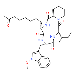 ChemSpider 2D Image | (3S,6S,9S,15aR)-9-[(2S)-2-Butanyl]-6-[(1-methoxy-1H-indol-3-yl)methyl]-3-(7-oxooctyl)octahydro-2H-pyrido[1,2-a][1,4,7,10]tetraazacyclododecine-1,4,7,10(3H,12H)-tetrone | C34H49N5O6
