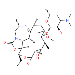 ChemSpider 2D Image | (2R,4R,5R,6S,7S,8R,11S,12S,17S,19R,20R)-11-Ethyl-7-hydroxy-4-methoxy-2,4,6,8,12,17,19-heptamethyl-9,14-dioxo-10,13-dioxa-15,18-diazatricyclo[10.6.2.0~15,20~]icos-1(18)-en-5-yl 3,4,6-trideoxy-3-(dimeth
ylamino)-beta-D-xylo-hexopyranoside | C34H59N3O9