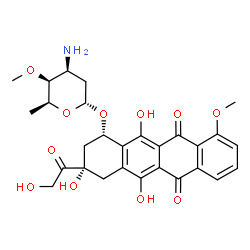 ChemSpider 2D Image | (1S,3S)-3-Glycoloyl-3,5,12-trihydroxy-10-methoxy-6,11-dioxo-1,2,3,4,6,11-hexahydro-1-tetracenyl 3-amino-2,3,6-trideoxy-4-O-methyl-alpha-L-lyxo-hexopyranoside | C28H31NO11