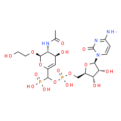 ChemSpider 2D Image | ([(2R,3R,4S)-3-Acetamido-4-hydroxy-2-(2-hydroxyethoxy)-3,4-dihydro-2H-pyran-6-yl]{[{[(2R,3S,4R,5R)-5-(4-amino-2-oxo-1(2H)-pyrimidinyl)-3,4-dihydroxytetrahydro-2-furanyl]methoxy}(hydroxy)phosphoryl]oxy
}methyl)phosphonic acid | C19H30N4O16P2
