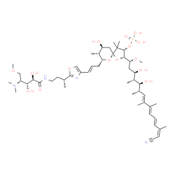 ChemSpider 2D Image | (2S,3S,5S,7R,8R,9S)-2-[(1R,3R,4R,5S,6S,7E,9E,11E,13Z)-14-Cyano-3,5-dihydroxy-1-methoxy-4,6,8,9,13-pentamethyl-7,9,11,13-tetradecatetraen-1-yl]-7-[(2E)-3-{2-[(2R)-4-{[(2R,3R,4R)-4-(dimethylamino)-2,3-d
ihydroxy-5-methoxypentanoyl]amino}-2-butanyl]-1,3-oxazol-4-yl}-2-propen-1-yl]-9-hydroxy-4,4,8-trimethyl-1,6-dioxaspiro[4.5]dec-3-yl dihydrogen phosphate | C50H81N4O15P
