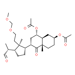 ChemSpider 2D Image | (1S,3S,4aS,7S,8aS)-3-{(1S,2R,3R)-2-[2-(Methoxymethoxy)ethyl]-2-methyl-3-[(2S)-1-oxo-2-propanyl]cyclopentyl}-4a-methyl-4-oxodecahydronaphthalene-1,7-diyl diacetate | C28H44O8