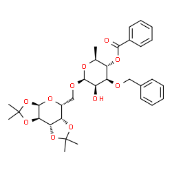 ChemSpider 2D Image | (2S,3S,4S,5R,6S)-4-(Benzyloxy)-5-hydroxy-2-methyl-6-{[(3aR,5R,5aS,8aS,8bR)-2,2,7,7-tetramethyltetrahydro-3aH-bis[1,3]dioxolo[4,5-b:4',5'-d]pyran-5-yl]methoxy}tetrahydro-2H-pyran-3-yl benzoate (non-pre
ferred name) | C32H40O11