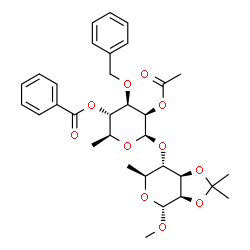 ChemSpider 2D Image | Methyl 4-O-(2-O-acetyl-4-O-benzoyl-3-O-benzyl-6-deoxy-beta-L-mannopyranosyl)-6-deoxy-2,3-O-isopropylidene-alpha-L-mannopyranoside | C32H40O11
