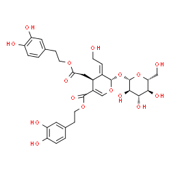 ChemSpider 2D Image | 2-(3,4-Dihydroxyphenyl)ethyl (2S,3E,4S)-4-{2-[2-(3,4-dihydroxyphenyl)ethoxy]-2-oxoethyl}-2-(beta-D-glucopyranosyloxy)-3-(2-hydroxyethylidene)-3,4-dihydro-2H-pyran-5-carboxylate | C32H38O16