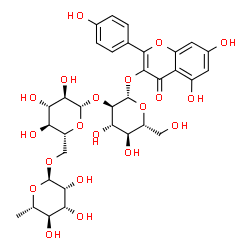 ChemSpider 2D Image | 5,7-Dihydroxy-2-(4-hydroxyphenyl)-4-oxo-4H-chromen-3-yl 6-deoxy-alpha-L-mannopyranosyl-(1->6)-beta-D-glucopyranosyl-(1->2)-beta-D-glucopyranoside | C33H40O20
