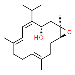 ChemSpider 2D Image | (1R,3S,4Z,6E,10E,14S)-4-Isopropyl-1,7,11-trimethyl-15-oxabicyclo[12.1.0]pentadeca-4,6,10-trien-3-ol | C20H32O2