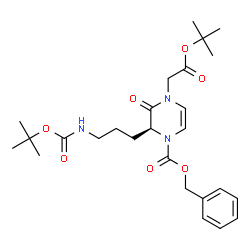 ChemSpider 2D Image | Benzyl (2S)-2-[3-({[(2-methyl-2-propanyl)oxy]carbonyl}amino)propyl]-4-{2-[(2-methyl-2-propanyl)oxy]-2-oxoethyl}-3-oxo-3,4-dihydro-1(2H)-pyrazinecarboxylate | C26H37N3O7