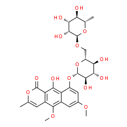 ChemSpider 2D Image | 10-Hydroxy-5,7-dimethoxy-3-methyl-1-oxo-1H-benzo[g]isochromen-9-yl 6-O-(6-deoxy-alpha-L-mannopyranosyl)-beta-D-glucopyranoside | C28H34O15