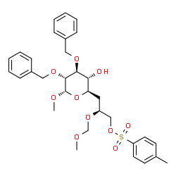 ChemSpider 2D Image | Methyl (5R)-2,3-di-O-benzyl-5-[(2S)-2-(methoxymethoxy)-3-{[(4-methylphenyl)sulfonyl]oxy}propyl]-alpha-D-xylopyranoside | C32H40O10S