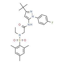 ChemSpider 2D Image | N~2~-Ethyl-N-[1-(4-fluorophenyl)-3-(2-methyl-2-propanyl)-1H-pyrazol-5-yl]-N~2~-(mesitylsulfonyl)glycinamide | C26H33FN4O3S