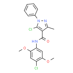 ChemSpider 2D Image | 5-Chloro-N-(4-chloro-2,5-dimethoxyphenyl)-3-methyl-1-phenyl-1H-pyrazole-4-carboxamide | C19H17Cl2N3O3