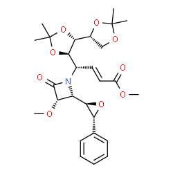ChemSpider 2D Image | Methyl (2E,4S)-4-{(3S,4R)-3-methoxy-2-oxo-4-[(2R,3R)-3-phenyl-2-oxiranyl]-1-azetidinyl}-4-[(4S,4'R,5R)-2,2,2',2'-tetramethyl-4,4'-bi-1,3-dioxol-5-yl]-2-butenoate | C27H35NO9