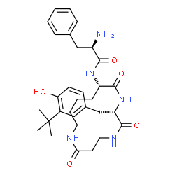 ChemSpider 2D Image | N-{(2S,13S)-2-[4-Hydroxy-3-(2-methyl-2-propanyl)benzyl]-3,7,14-trioxo-1,4,8-triazacyclotetradecan-13-yl}-D-phenylalaninamide | C31H43N5O5