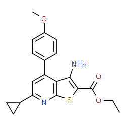 ChemSpider 2D Image | Ethyl 3-amino-6-cyclopropyl-4-(4-methoxyphenyl)thieno[2,3-b]pyridine-2-carboxylate | C20H20N2O3S