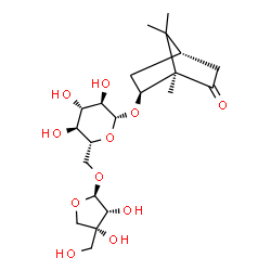 ChemSpider 2D Image | (1R,2S,4S)-1,7,7-Trimethyl-6-oxobicyclo[2.2.1]hept-2-yl 6-O-[(2R,3R,4R)-3,4-dihydroxy-4-(hydroxymethyl)tetrahydro-2-furanyl]-beta-D-glucopyranoside | C21H34O11