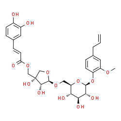 ChemSpider 2D Image | 4-Allyl-2-methoxyphenyl 6-O-[(2R,3R,4S)-4-({[(2E)-3-(3,4-dihydroxyphenyl)-2-propenoyl]oxy}methyl)-3,4-dihydroxytetrahydro-2-furanyl]-beta-D-glucopyranoside | C30H36O14